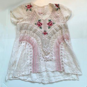 Johnny Was - Embroidered Tunic: Ivory/Pink  Sz small.